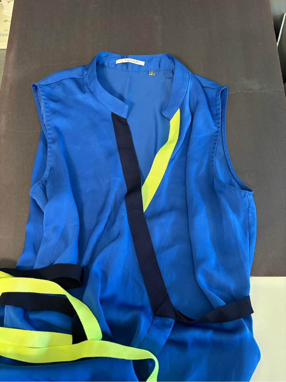 T Tahari Royal Blue Sleeveless Top with Neon Yellow & Black Accents